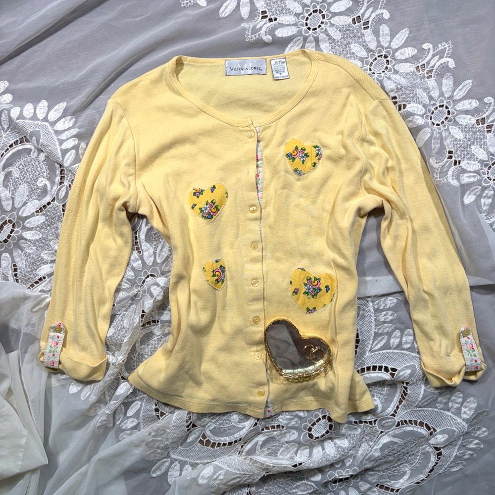 Cottagecore Vintage Yellow Heart Floral Applique Cotton Cardigan Sweater S